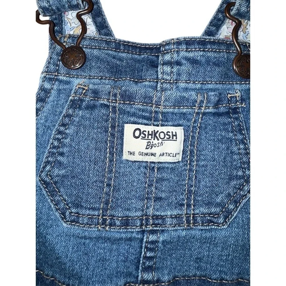 OshKosh B'gosh Baby Girls Denim Bib Overalls Blue Floral Lined Size 18M vestback